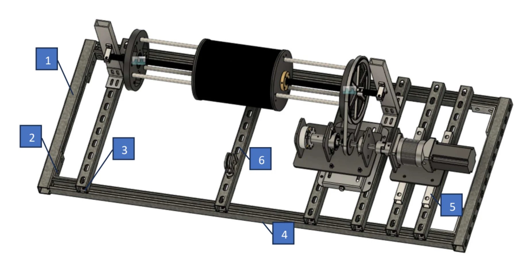CAD model of one spool unit: the cable spool on a lead screw between two end supports, with three reinforcing rods, the belt drive and the motor mounted on a slotted-channel frame