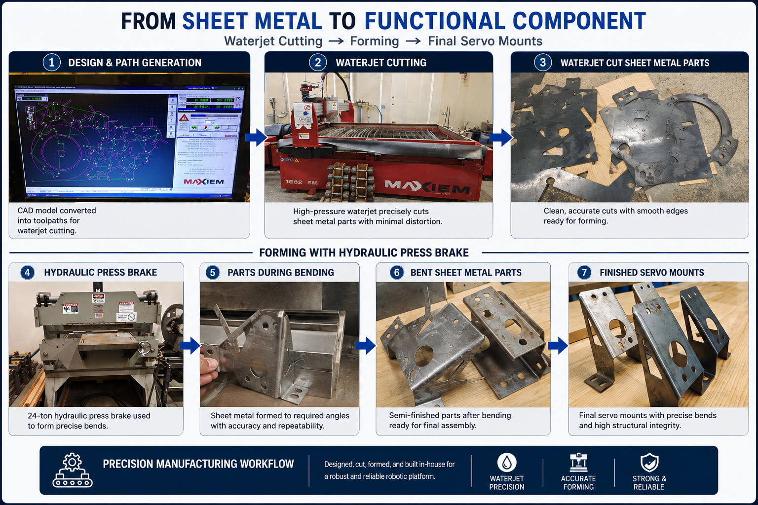 Fabrication sequence: waterjet toolpath, waterjet cutting, cut sheet-metal parts, hydraulic press brake, bending and finished servo mounts