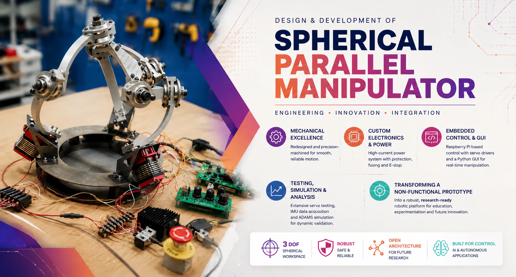 The rebuilt Spherical Parallel Manipulator on the bench, with servo drives, power electronics and emergency stop
